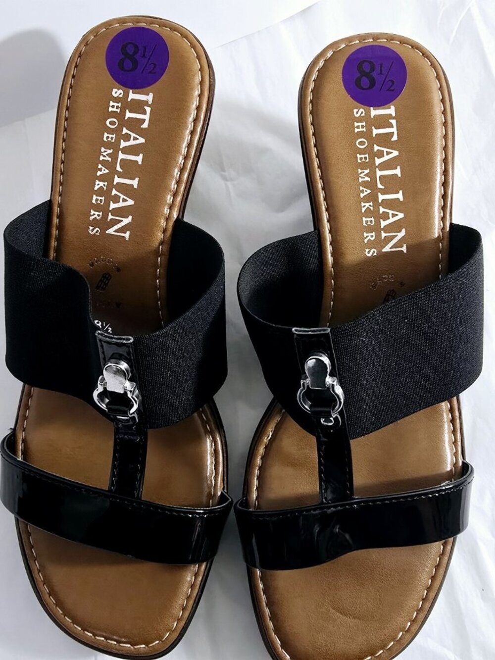 Italian Shoemakers Sz 8.5 Black Patent Kitten Heels Comfy Elastic Sandals NIB - Picture 6 of 7